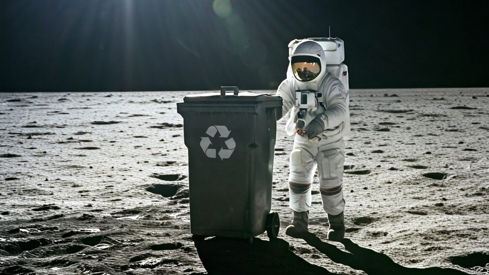 An astronaut with a green recycling wheelie bin, on the moon