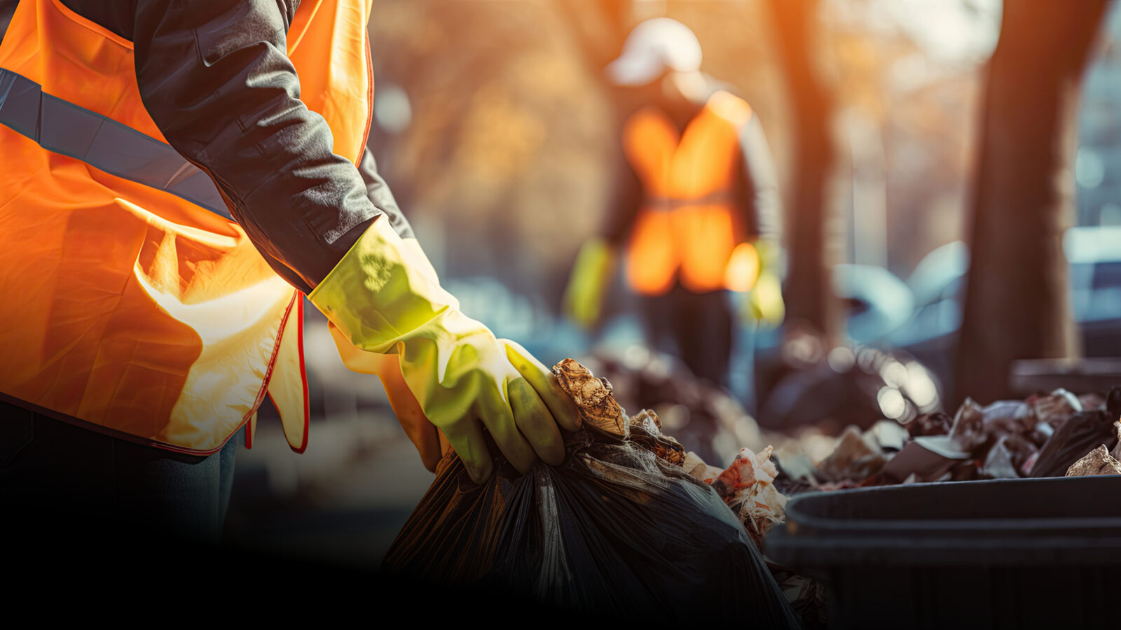 The image shows workers in high-visibility orange vests and protective gloves handling trash in an outdoor environment. One worker in the foreground is seen picking up a black garbage bag from a bin, while another worker is blurred in the background, both engaging in waste collection or street cleaning activities under natural sunlight.