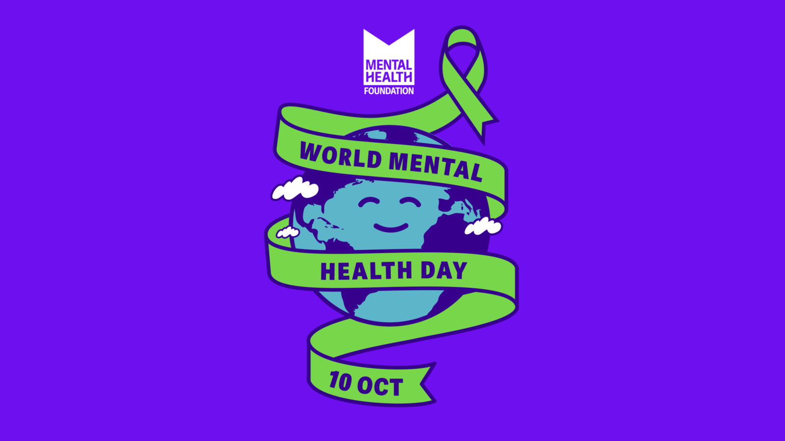 Illustration for World Mental Health Day on a purple background. A smiling Earth is wrapped in a green ribbon with the text 'World Mental Health Day' and '10 Oct' written on it. Above the Earth is the logo of the Mental Health Foundation, along with a green awareness ribbon.