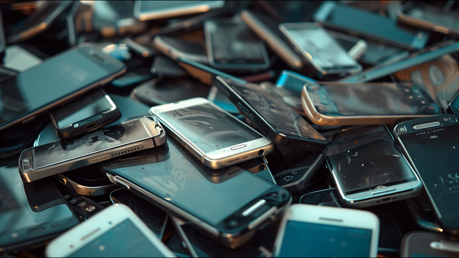 A pile of broken and unused smartphones.