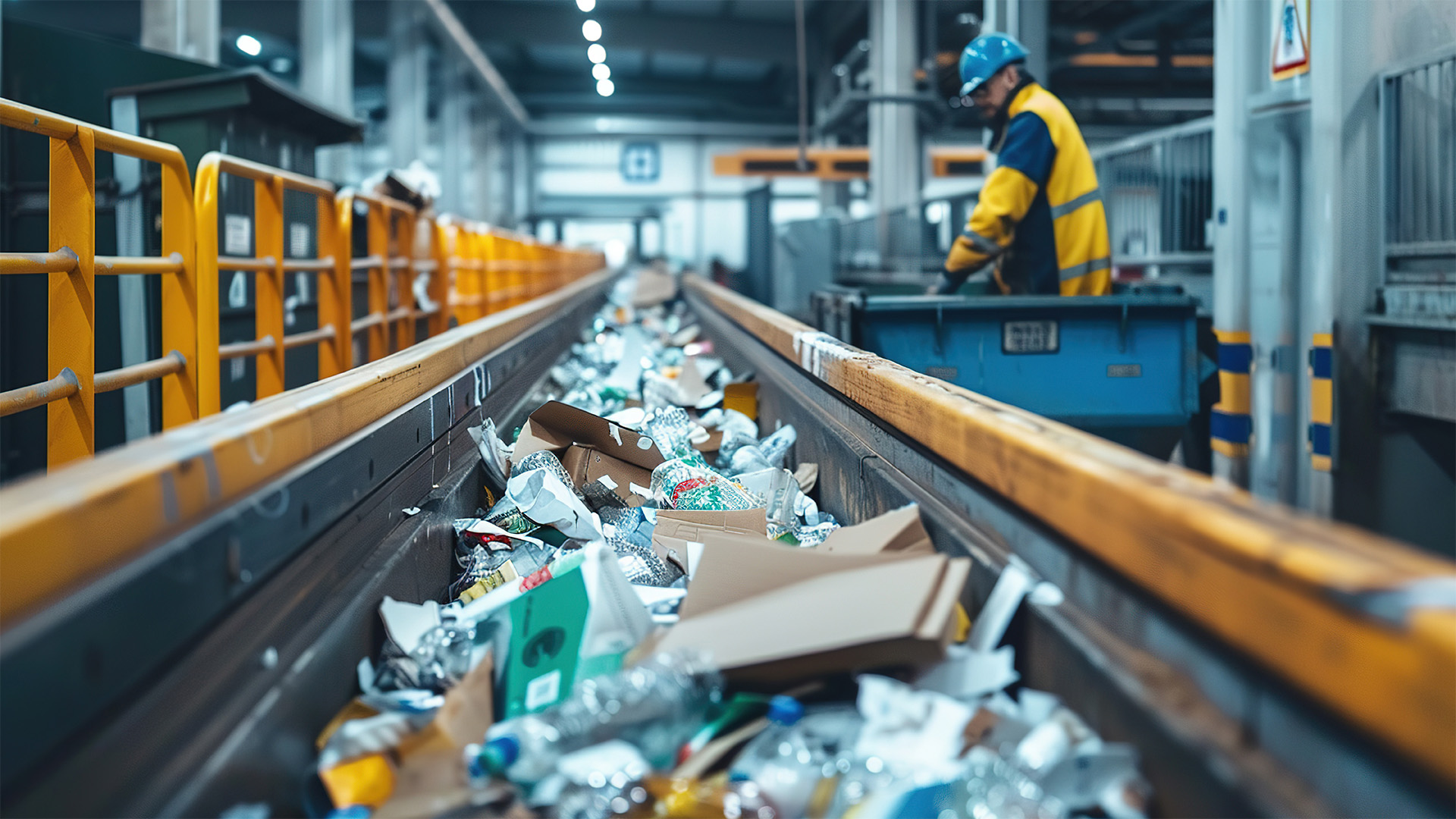 Image of recycling conveyor belt within a sorting centre. On the conveyor is paper and cardboard. Text overlay reads: Defra delivers updates on recycling.