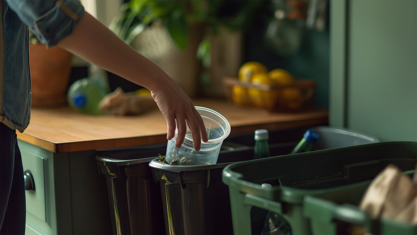 Hand placing a plastic cup into a recycling box that is within a kitchen