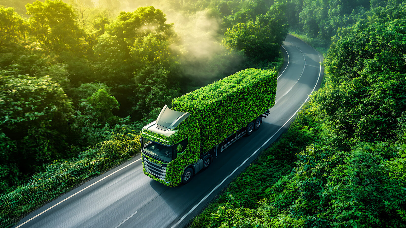 Image of truck covered in grass and leaves driving down a road which is also abundant in greenery.