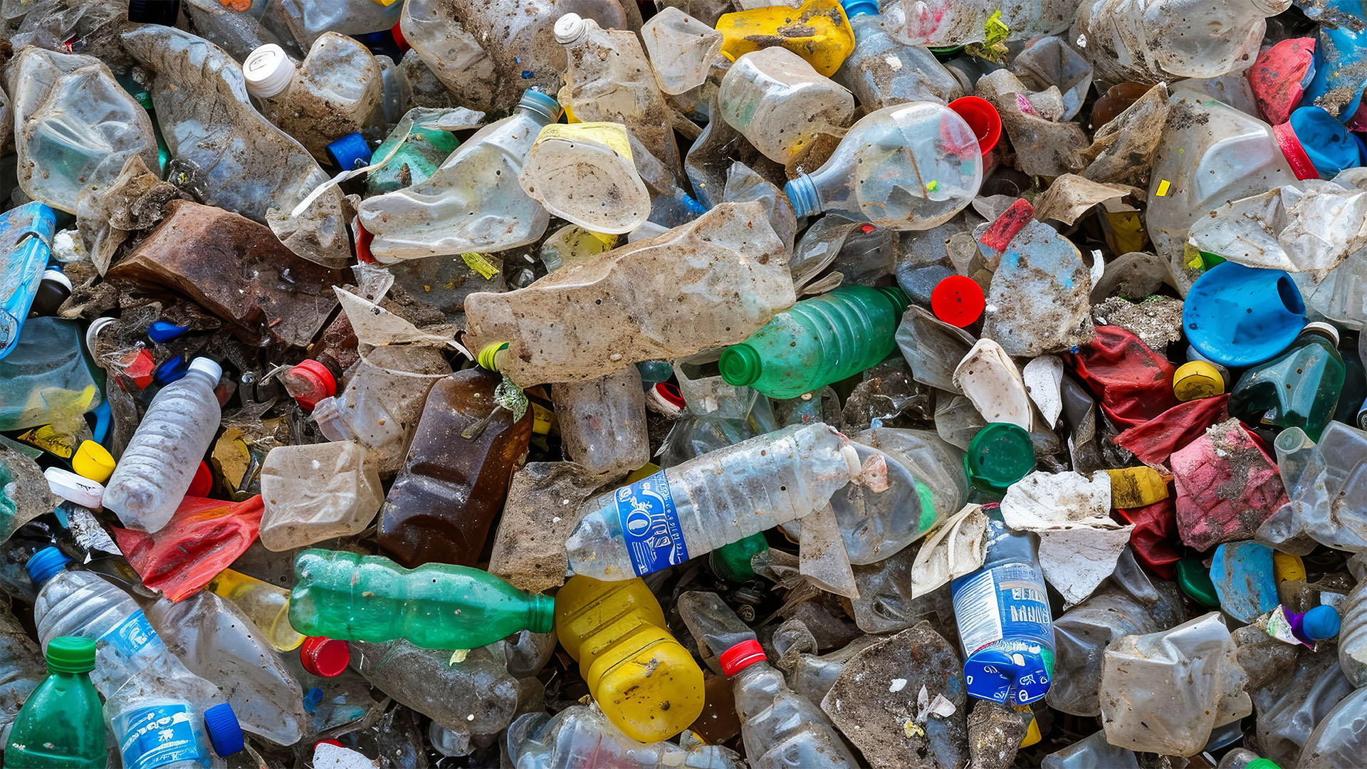 Pile of discarded and dirty single use plastic bottles