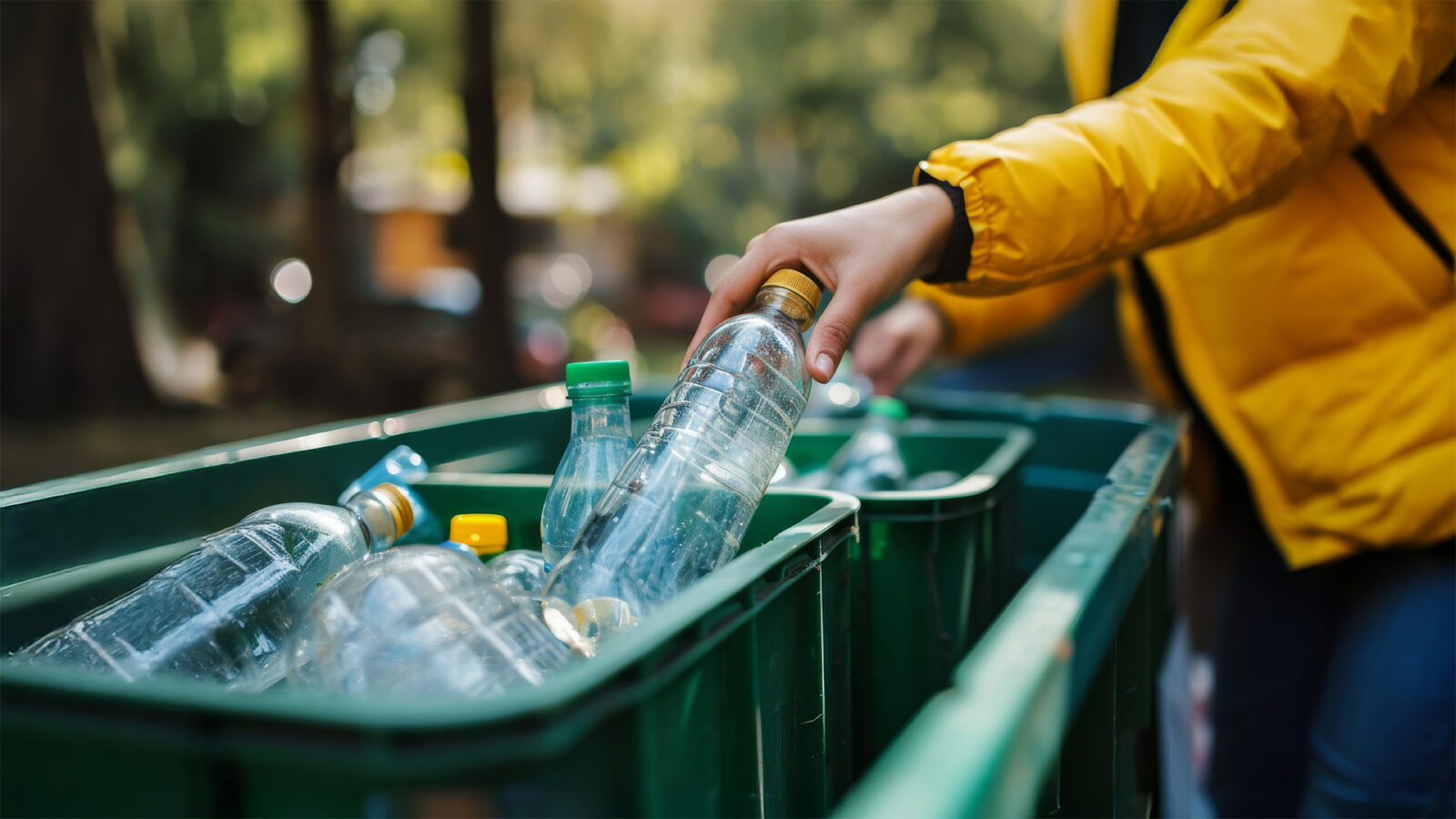 hand placing a plastic bottle into a recycling container