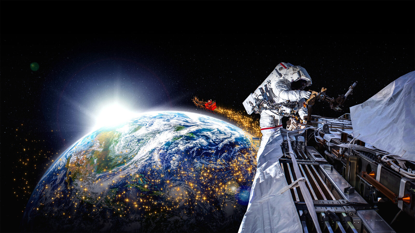 Space man fixing satellite in outer space with Earth behind him and Santa flying past on his sleigh