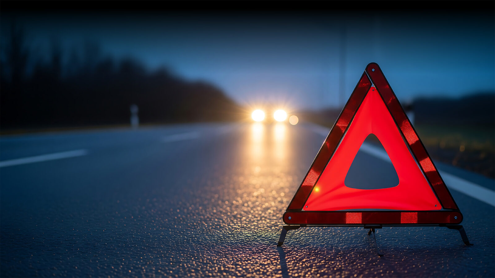 Reflective red emergency triangle on wet road at night for roadside assistance