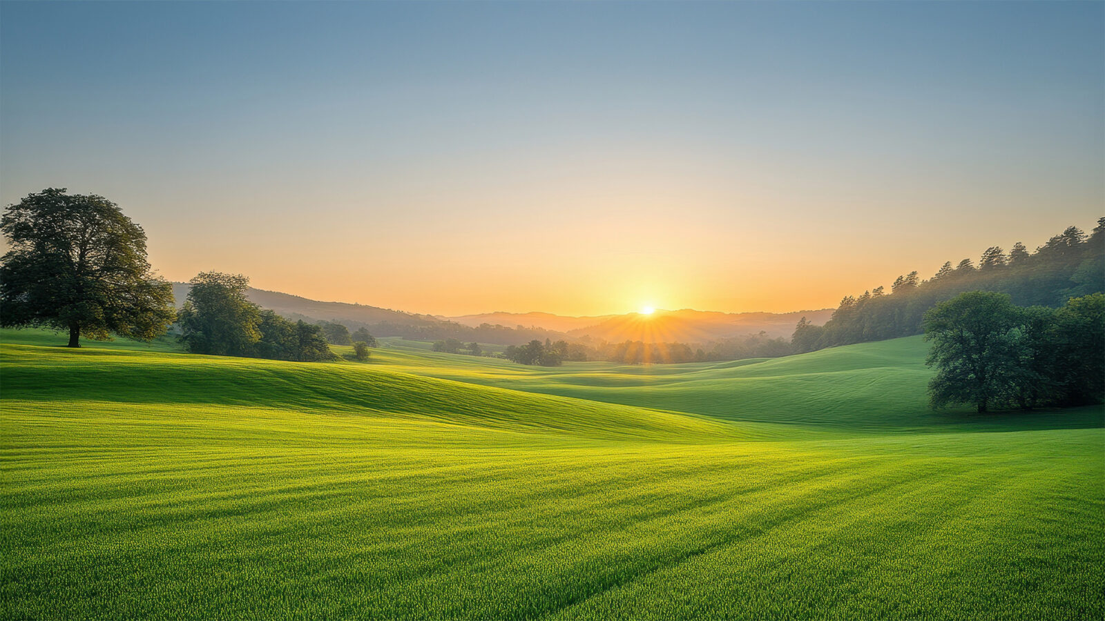 Sunset over rolling green hills