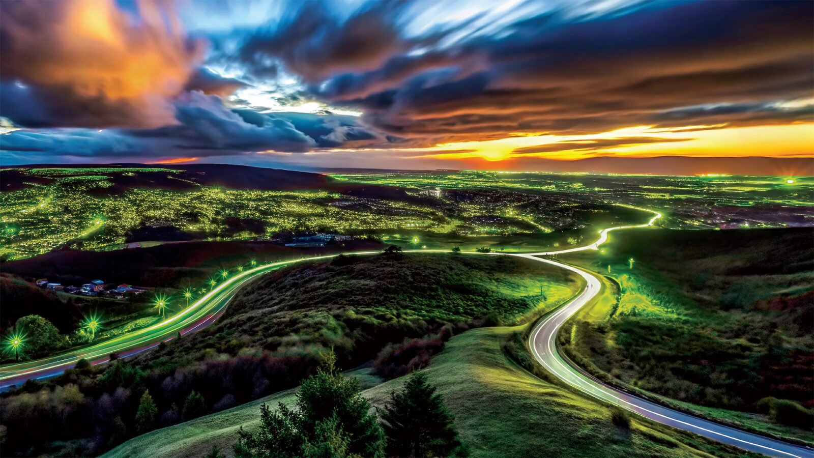 time lapse image of country roads at night