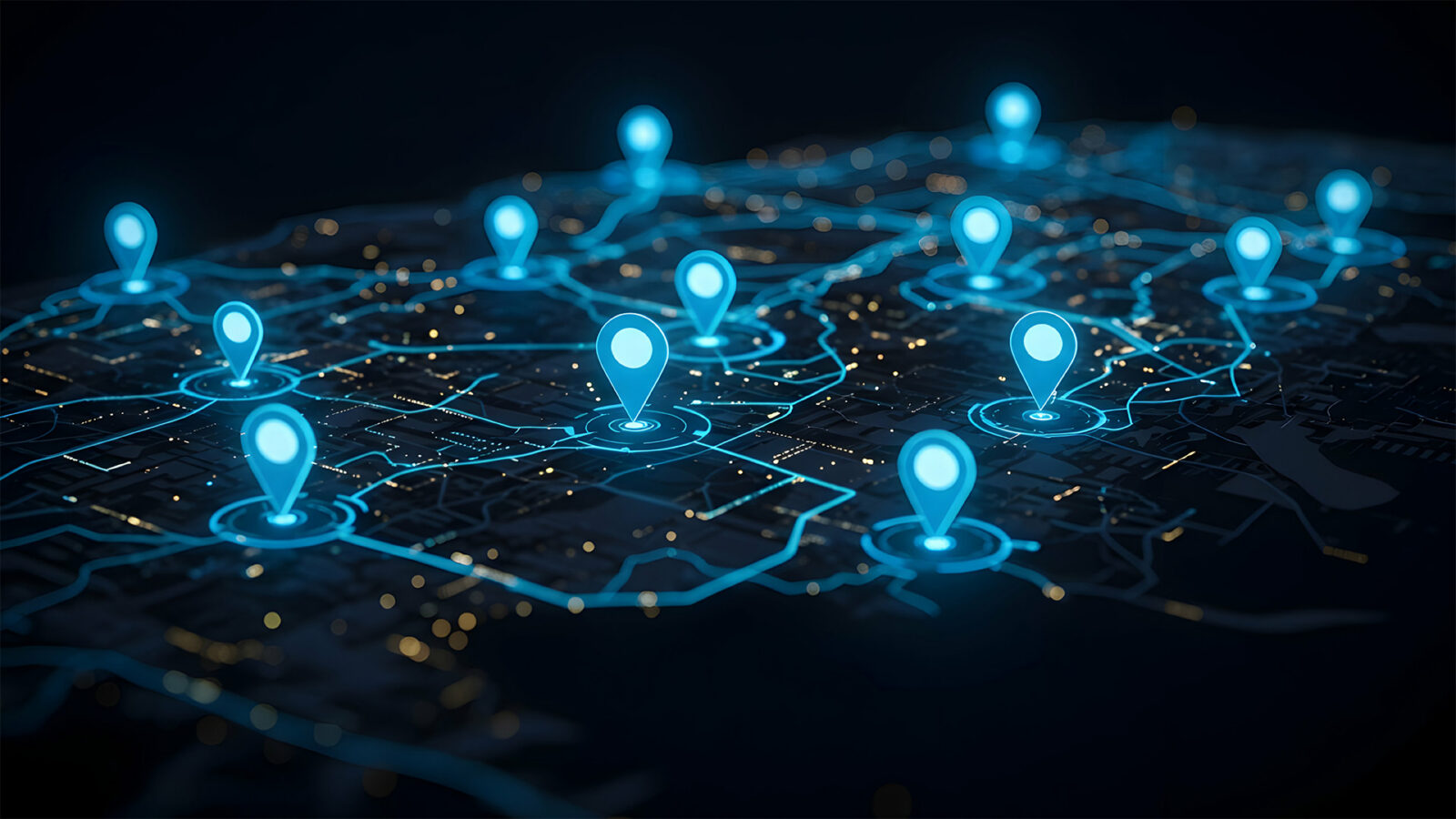 Night time city map with glowing location pins navigation route GPS tracking logistics delivery network distribution system