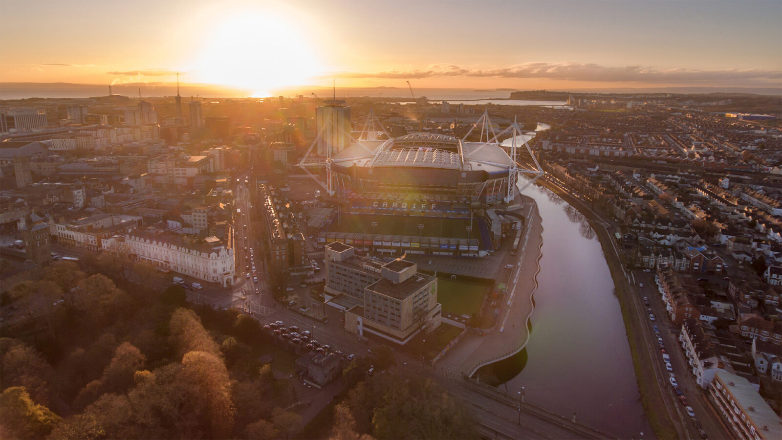 Aerial view of Cardiff city centre and the Cardiff bay area at sunrise.