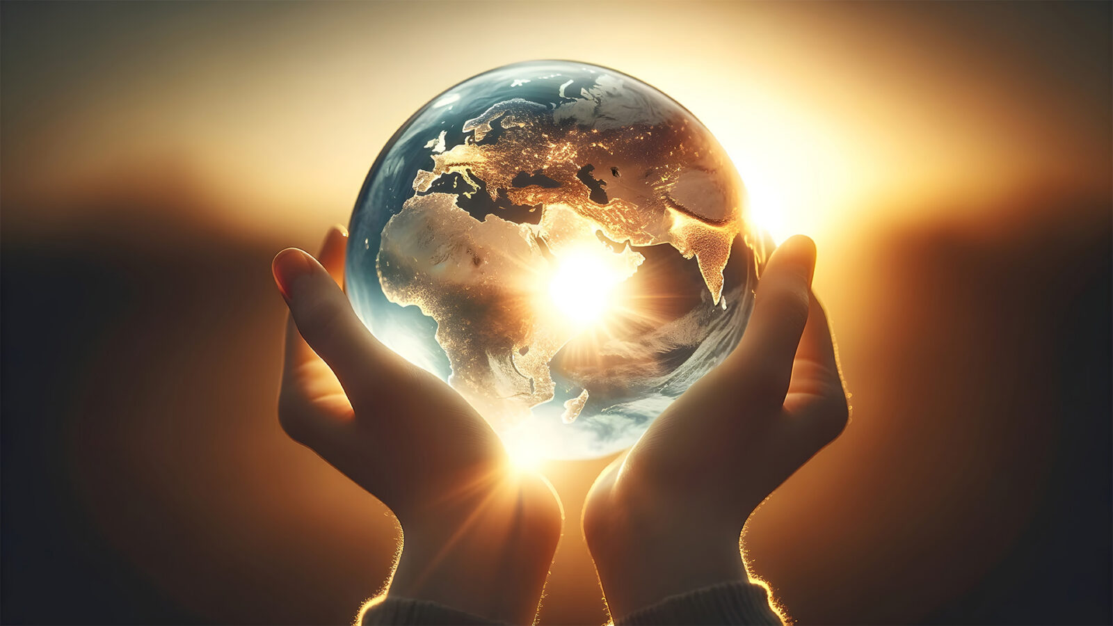 A pair of hands delicately holds a translucent globe with the continents illuminated by the light of the sunrise behind it.