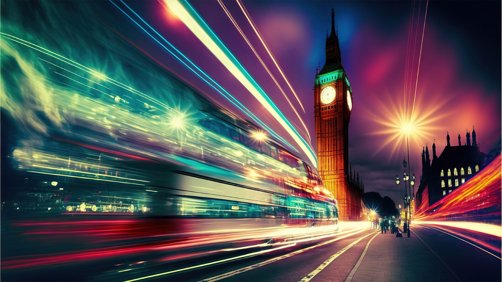 the big ben clock tower towering over the city of london at night with long exposure of light streaks in the foreground of the photo