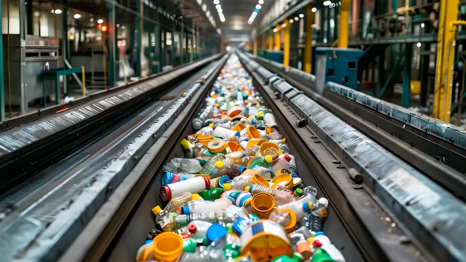 A conveyor belt in a recycling facility, filled with various types of plastic bottles and containers, ready for processing.