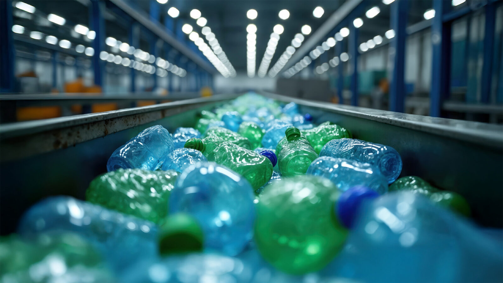 Crushed plastic bottles move on a conveyor belt in a recycling plant. Bottles are sorted for reuse and reprocessing. Industrial machinery helps process waste for sustainability. Focus on ecology