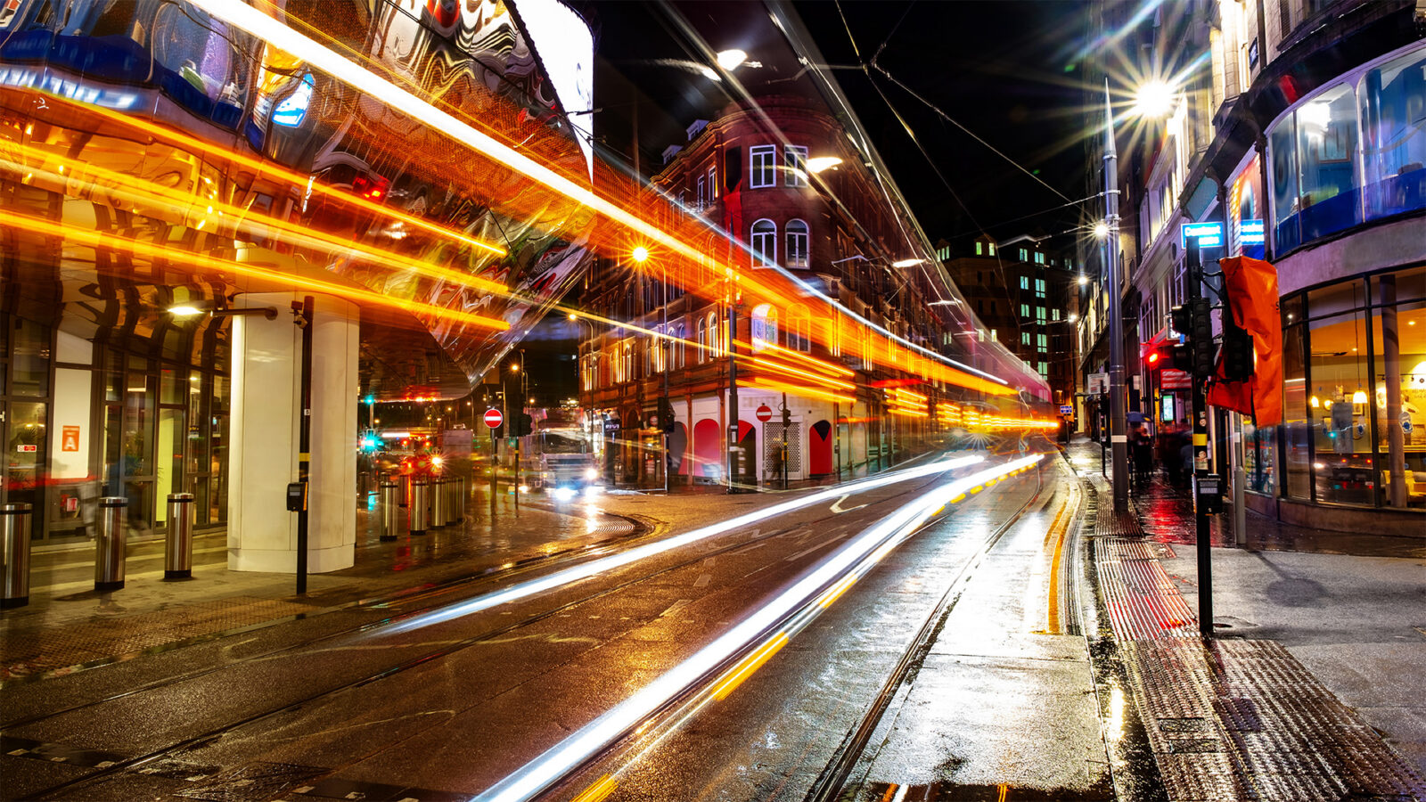 Night life in the center of Birmingham, UK. Dark black sky