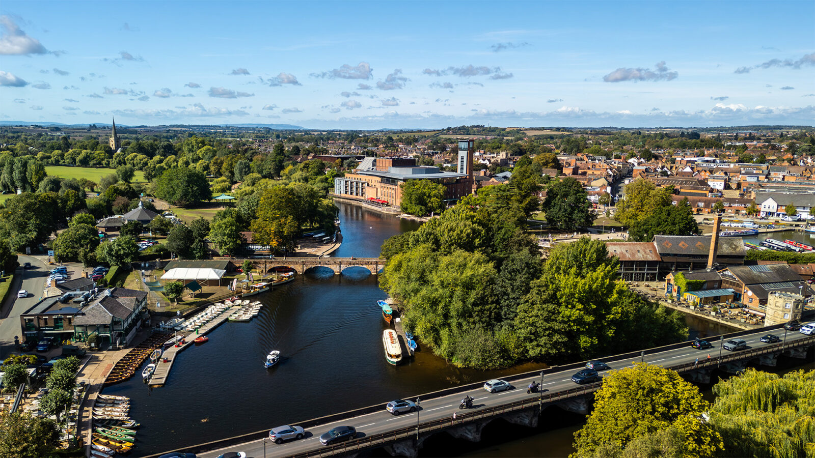 Aerial view of Stratford-upon-Avon showing the River Avon flowing through the town center