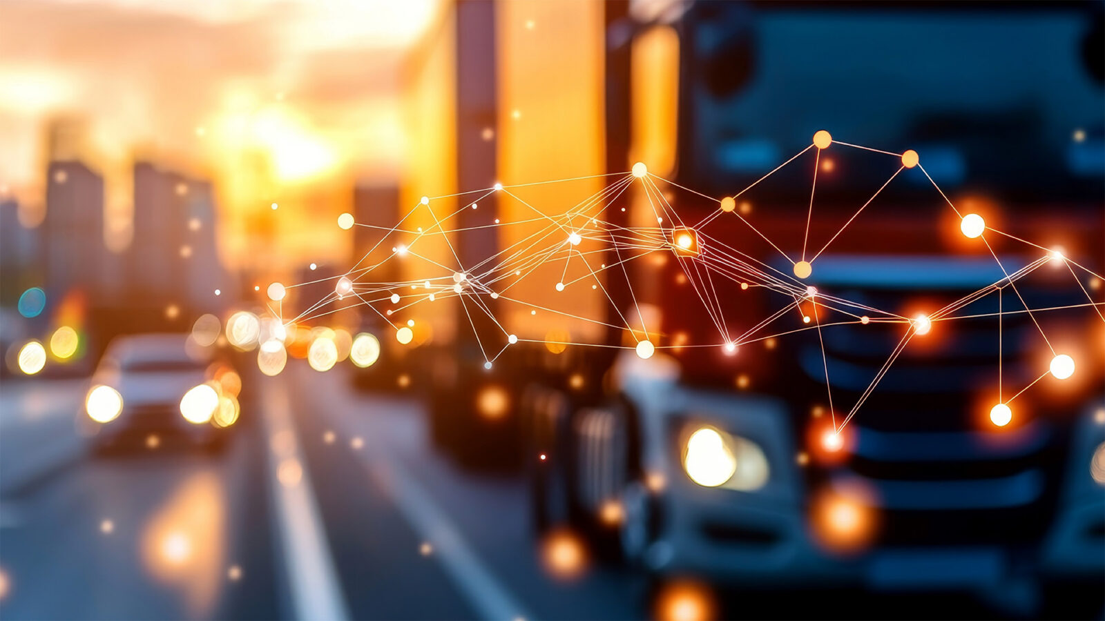 A blurred image of a truck on a highway at sunset, with an overlay of glowing nodes representing a digital network or connectivity.