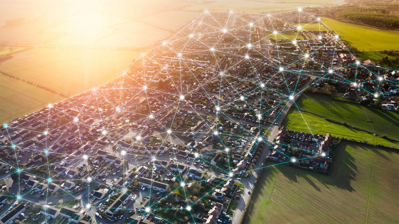 Smart city, internet of thing hosing urban masterplan sunset big data network connections