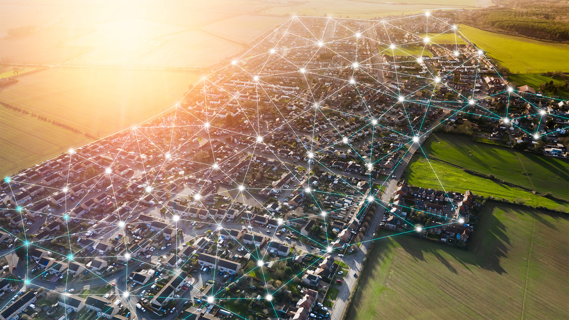 Smart city, internet of thing hosing urban masterplan sunset big data network connections