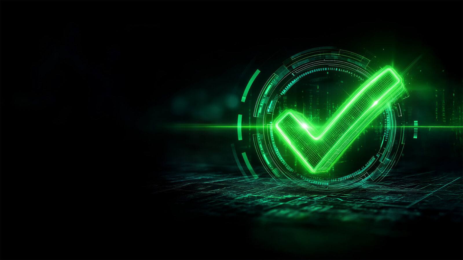 A digital checkmark glowing in neon green on a dark background. Abstract tick. Approved sign. The design emphasises approval, success, and modern digital aesthetics.