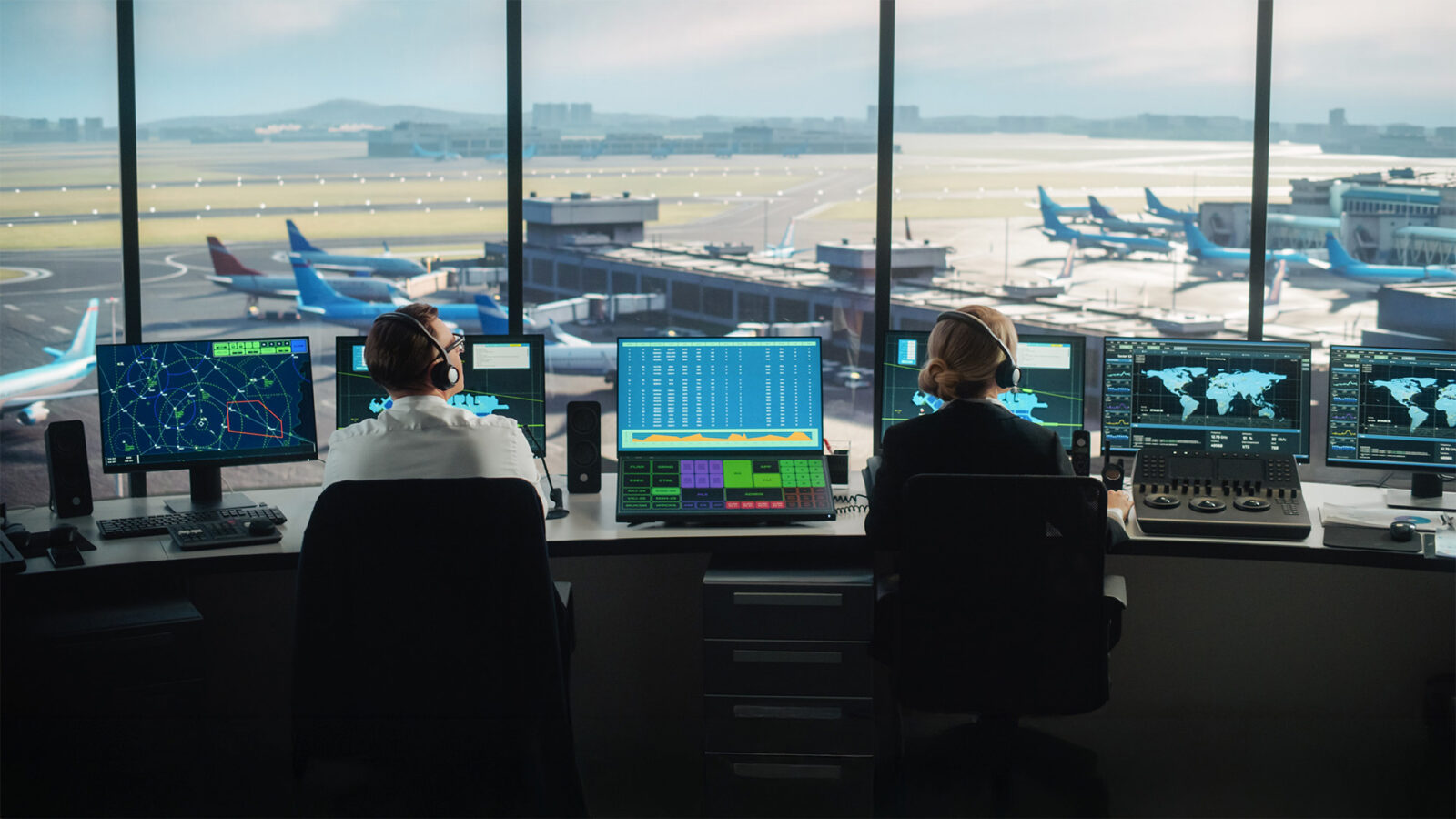 Diverse Air Traffic Control Team Working in a Modern Airport Tower. Office Room is Full of Desktop Computer Displays with Navigation Screens, Airplane Departure and Arrival Data for Controllers.