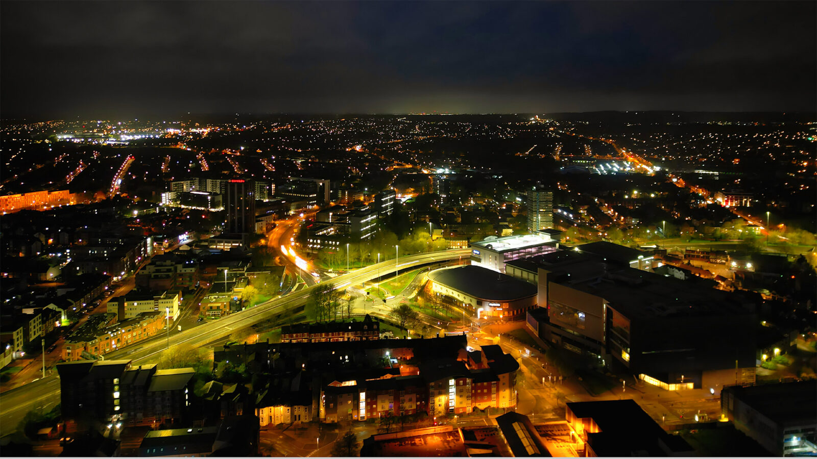 Aerial view of Illuminated Historical Central Coventry City of England, United Kingdom.