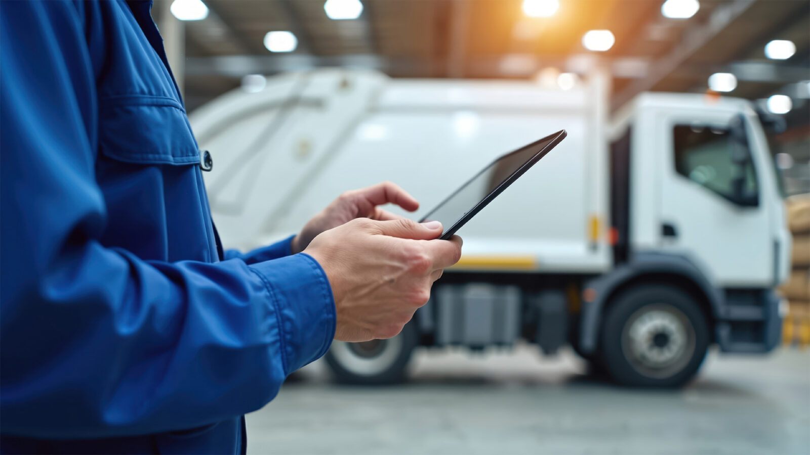 Worker holds digital tablet near garbage truck. Man plans waste collection route using mobile tech. Logistics manager supervises fleet operations with modern device