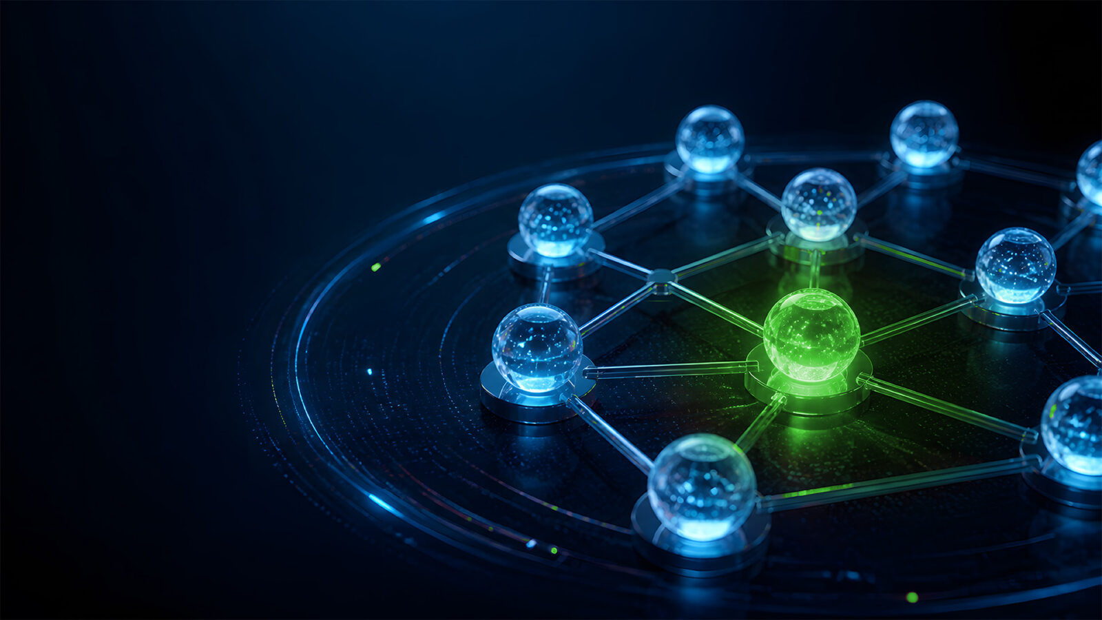 Transparent glass sphere nodes connected in network pattern with one red node representing data connection technology