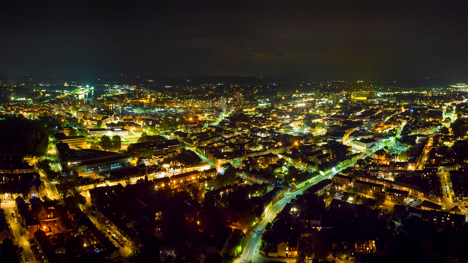 An aerial view of the centre of Ipswich at night in Suffolk, UK