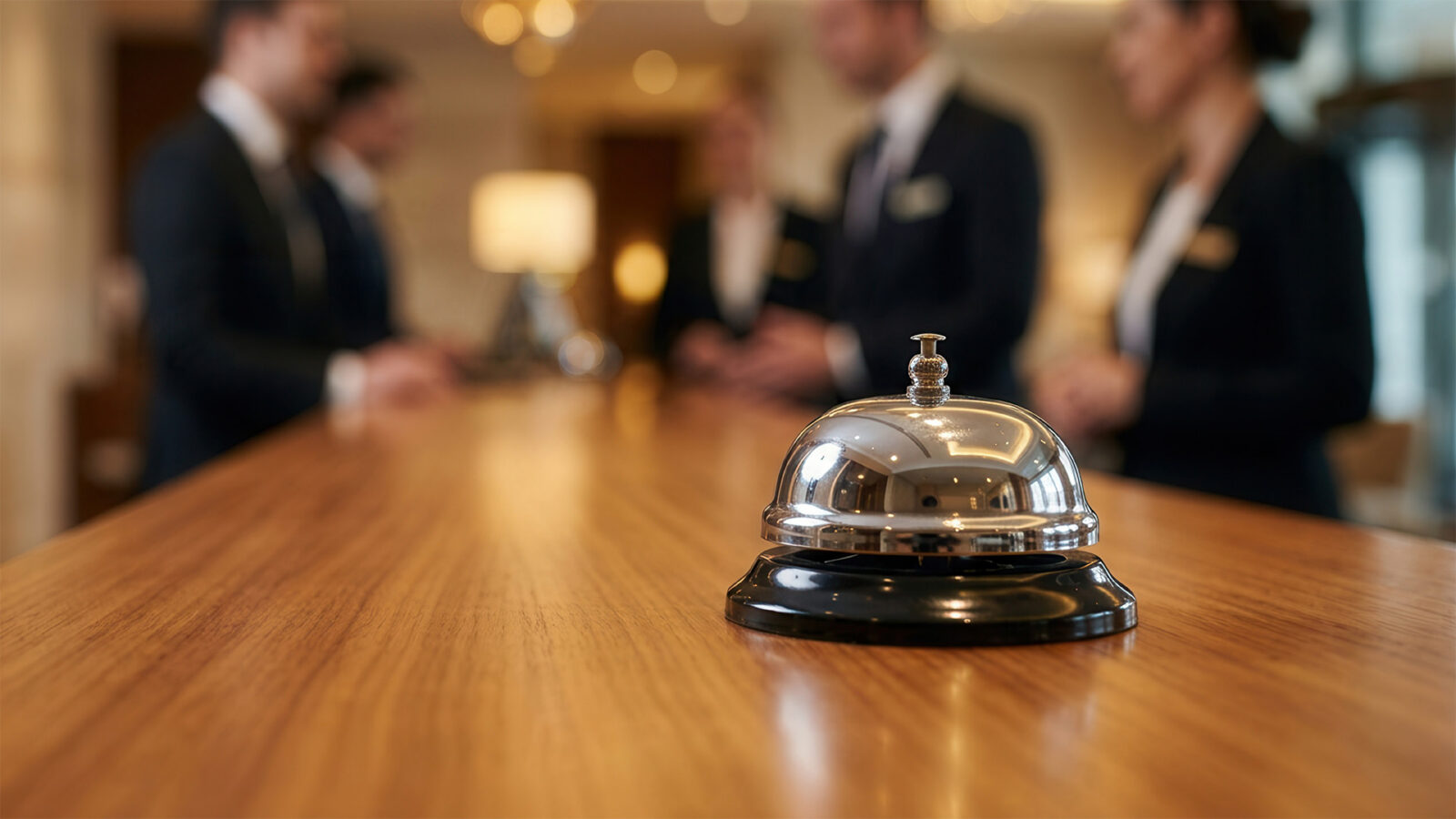 Close-up shot of a metal concierge bell on a polished wooden reception counter at a luxury hotel.