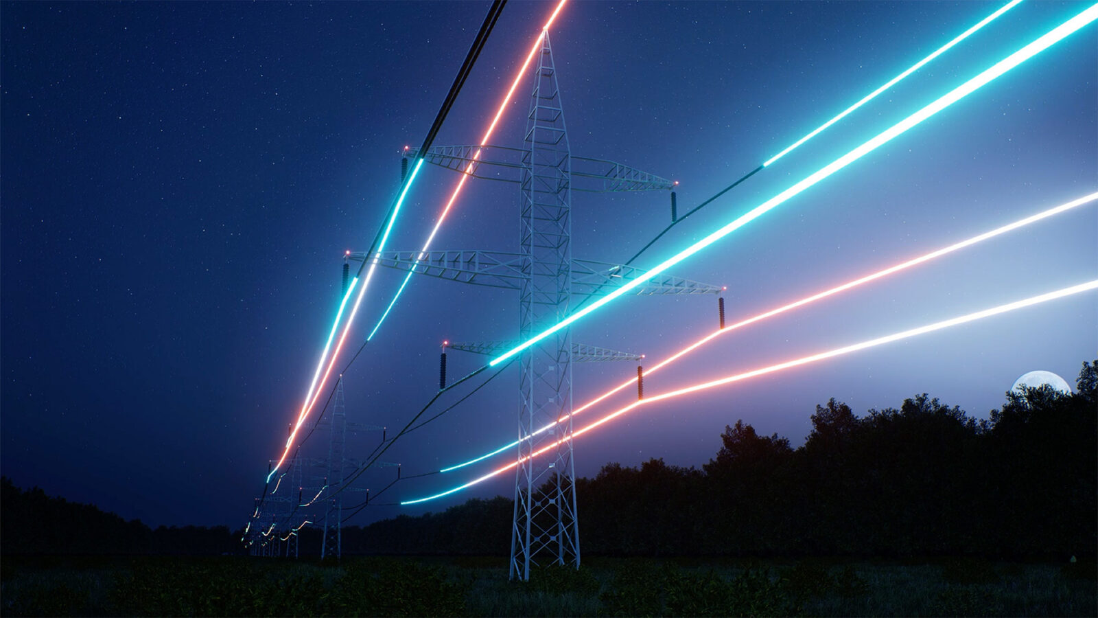 Visualization of energy flowing through overhead power lines used in electric transmission and distribution. Steel tower high voltage electrical cables over night sky, 3d render animation